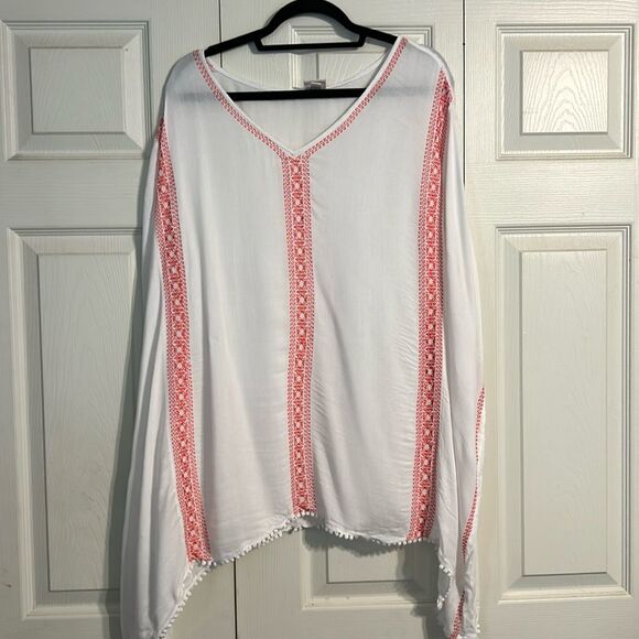 MERONA Size XX-Large White Coral Embroidered Cape Cover-Up Top Blouse Beach - Picture 1 of 7
